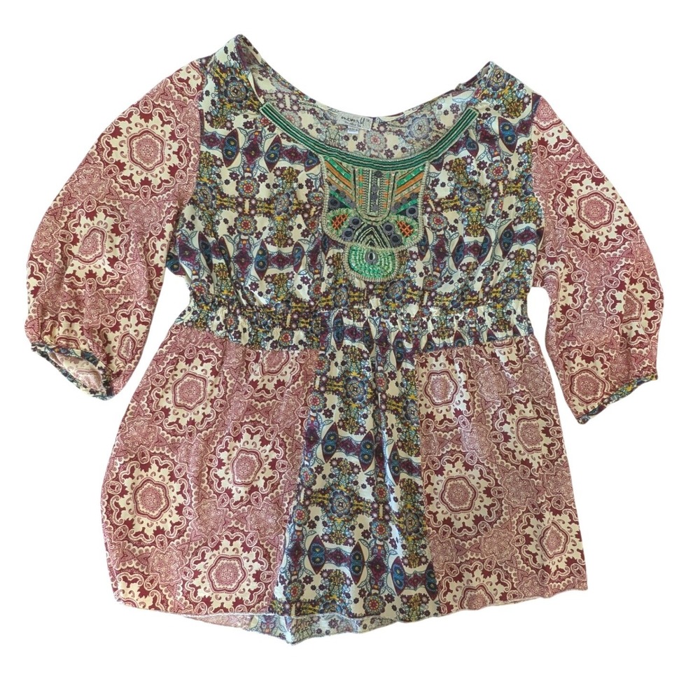 Boho Embroidered Peasant Blouse 1x Ornate Tribal Medallion Festival Hippie 60's - Picture 10 of 14